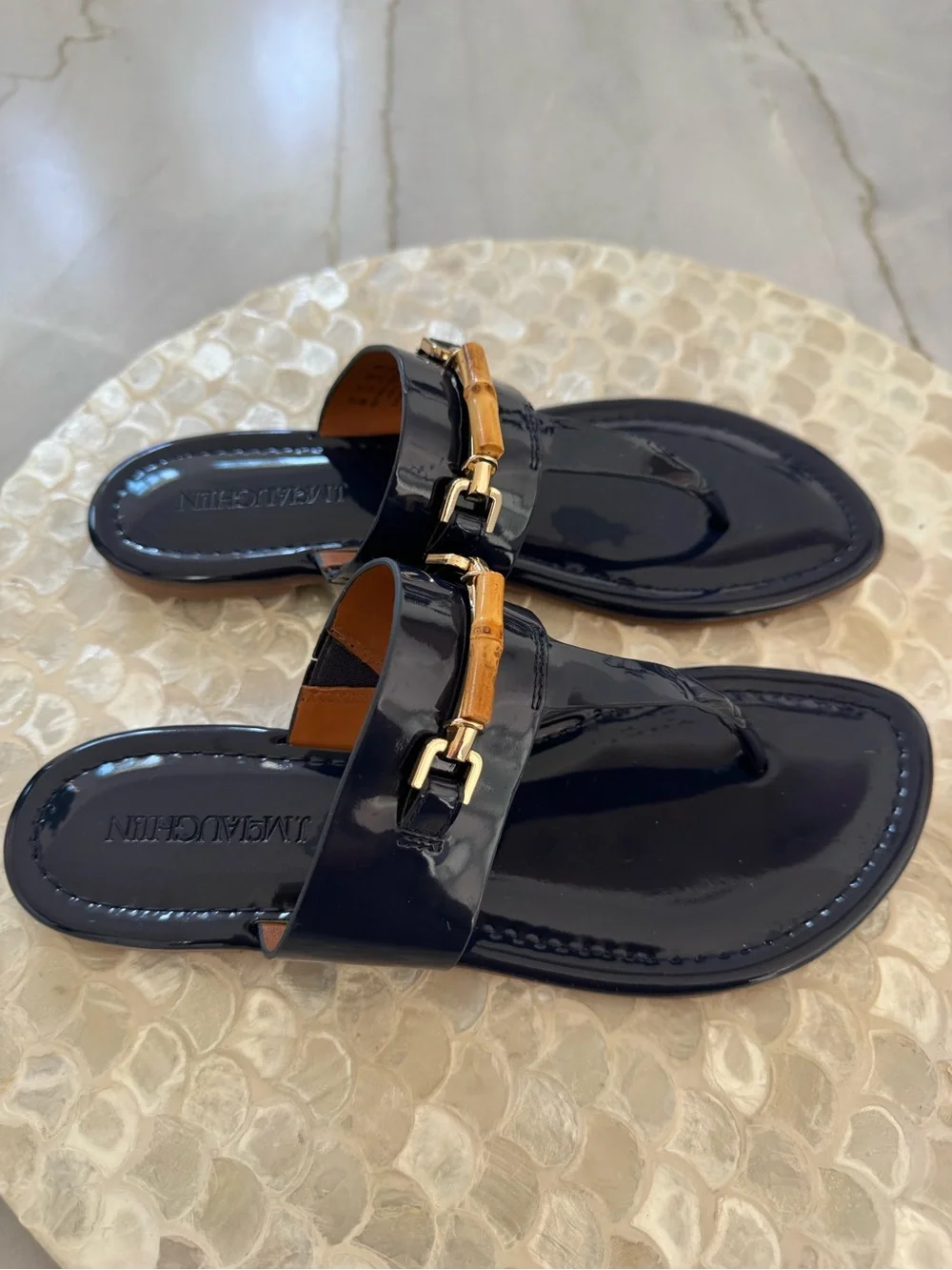 J. McLaughlin NEW Blue Patent Bamboo & Gold Accent Thong Sandals Size 8